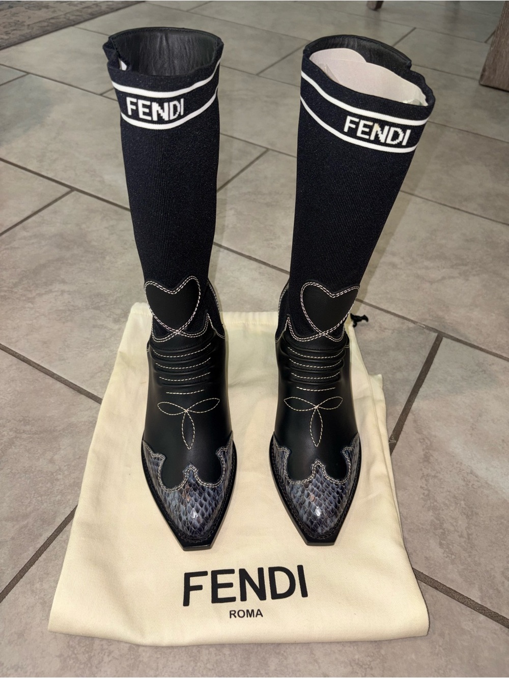 NEW!  FENDI Black Cowboy Sock Calf Boot Leather Snakeskin Heart Stitch Size 38 - Picture 4 of 12